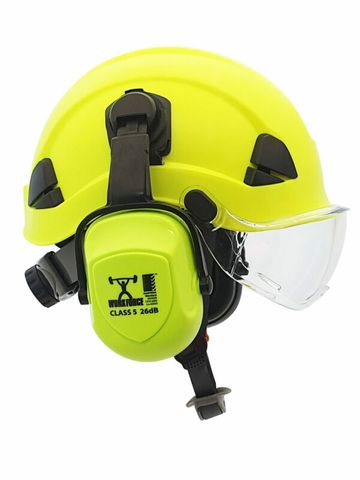 Peak less Hard Hat with triangle style neck strap and ratchet adjusting head gear Fluro Hi Viz Yellow Lime - Picture features earmuffs and clear eye protection visor (supplied separately) Earmuff Code EM004 Charcoal Grey Visor with Visor attachments Code