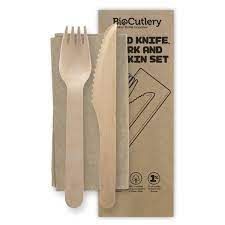 Wooden 16cm knife, fork & nap