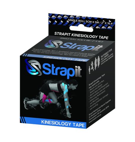STRAPIT KINESIOLOGY TAPE 5cm x 5m BLACK w/COOL BLUE LOGO *SPECIAL ORDER ITEM *