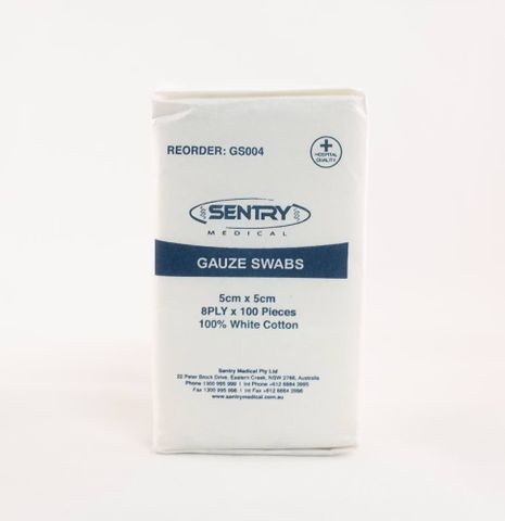 GS004 SENTRY NON STERILE GAUZE SWABS 8-Ply 5 x 5cm Pkt of 100