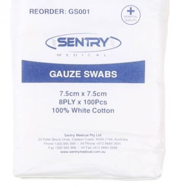 GS001 SENTRY NON STERILE GAUZE SWABS 7.5 x 7.5cm Pkt of 100