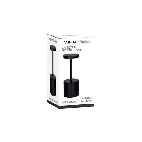 TABLEKRAFT CHARLOTTE CORDLESS TABLE LAMP LED 200mm BLACK (*1000142*) =  1 X EACH