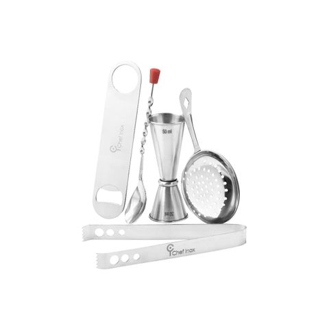 CHEF INOX BAR SET 5pc TONG,JIGGER,STRAINER,OPENER,SPOON S/S (*07963*) = PACK OF 6 X SETS