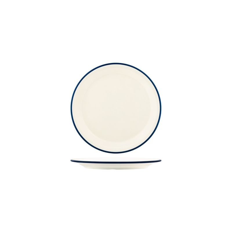 JAB VINTAGE CREAM/BLUE RIM ENAMEL LOOK ROUND PLATE 190mm (*49930*) = PACK OF 6 X EACHES