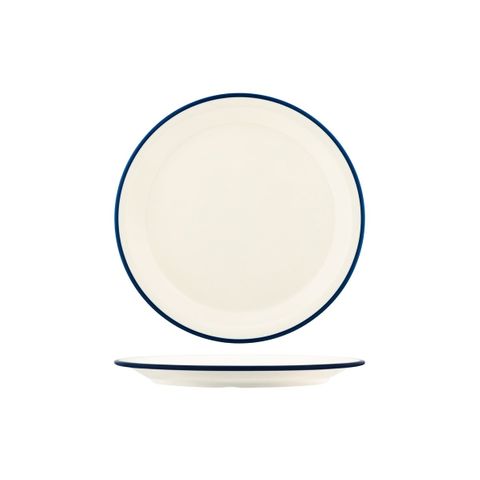 JAB VINTAGE CREAM/BLUE RIM ENAMEL LOOK ROUND PLATE 255mm (*49931*) = PACK OF 6 X EACHES