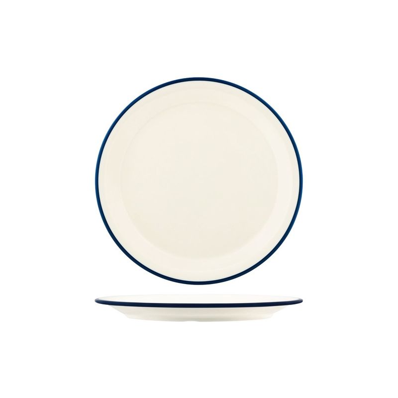 JAB VINTAGE CREAM/BLUE RIM ENAMEL LOOK ROUND PLATE 255mm (*49931*) = PACK OF 6 X EACHES