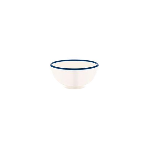 JAB VINTAGE CREAM/BLUE RIM ENAMEL LOOK ROUND BOWL 125x60mm (*49935*) = PACK OF 6 X EACHES