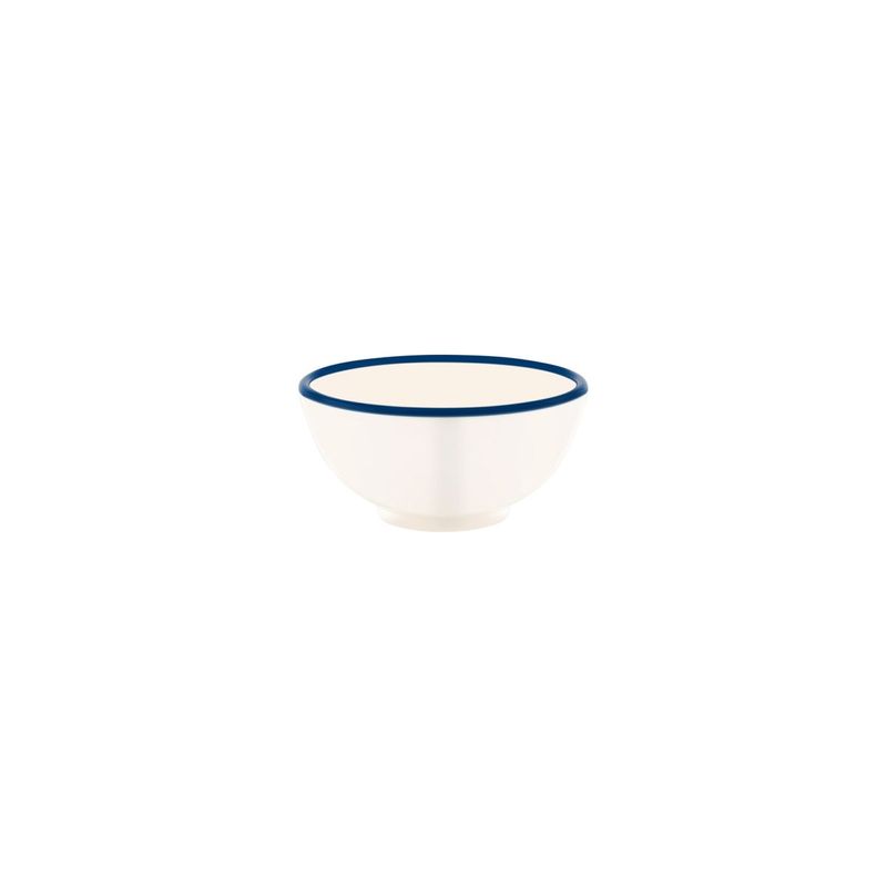 JAB VINTAGE CREAM/BLUE RIM ENAMEL LOOK ROUND BOWL 125x60mm (*49935*) = PACK OF 6 X EACHES