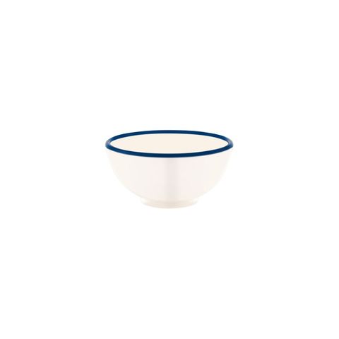 JAB VINTAGE CREAM/BLUE RIM ENAMEL LOOK ROUND BOWL 150x70mm (*49936*) = PACK OF 6 X EACHES