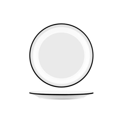 JAB VINTAGE WHITE/BLACK RIM ENAMEL LOOK ROUND PLATE 255mm (*49951*) = PACK OF 6 X EACHES
