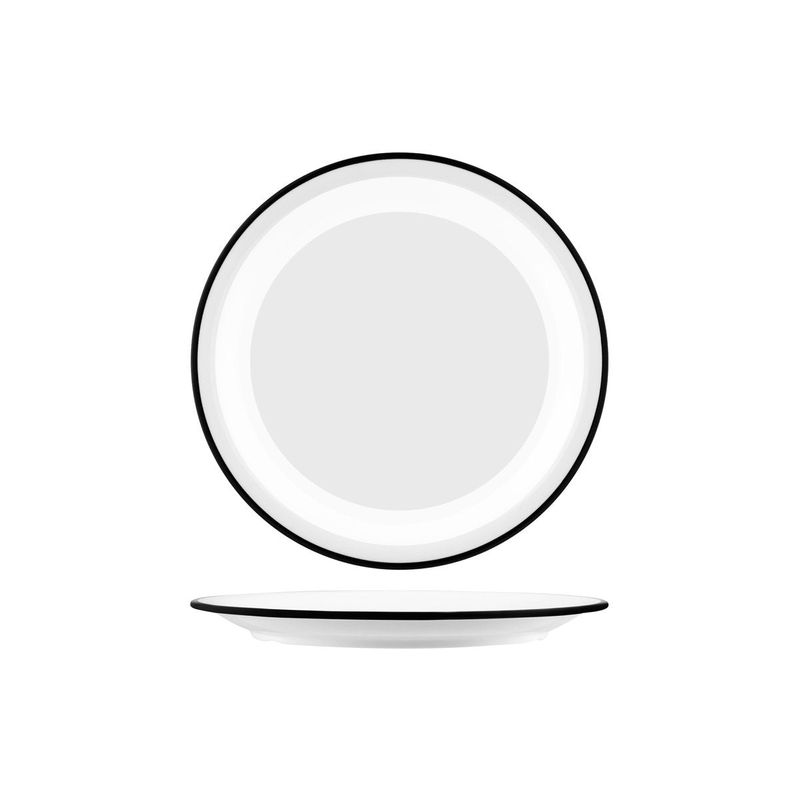 JAB VINTAGE WHITE/BLACK RIM ENAMEL LOOK ROUND PLATE 255mm (*49951*) = PACK OF 6 X EACHES