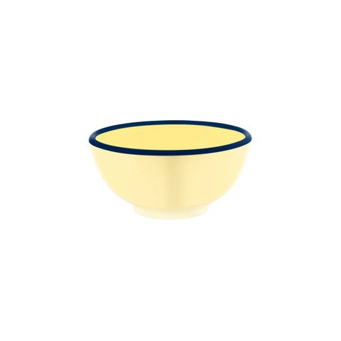 JAB VINTAGE YELLOW/BLUE RIM ENAMEL LOOK ROUND BOWL 175x80mm (*49927*) = PACK OF 6 X EACHES