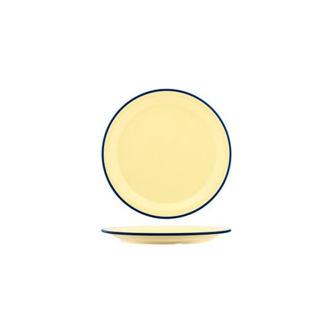 JAB VINTAGE YELLOW/BLUE RIM ENAMEL LOOK ROUND PLATE 190mm (*49920*) = PACK OF 6 X EACHES