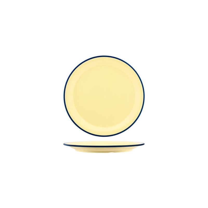 JAB VINTAGE YELLOW/BLUE RIM ENAMEL LOOK ROUND PLATE 190mm (*49920*) = PACK OF 6 X EACHES