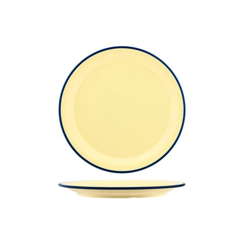 JAB VINTAGE YELLOW/BLUE RIM ENAMEL LOOK ROUND PLATE 255mm (*49921*) = PACK OF 6 X EACHES