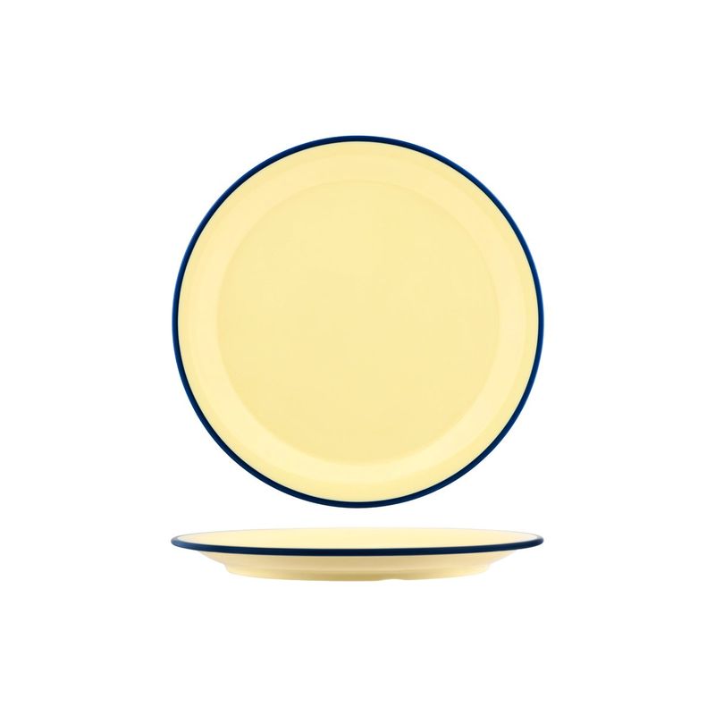 JAB VINTAGE YELLOW/BLUE RIM ENAMEL LOOK ROUND PLATE 255mm (*49921*) = PACK OF 6 X EACHES