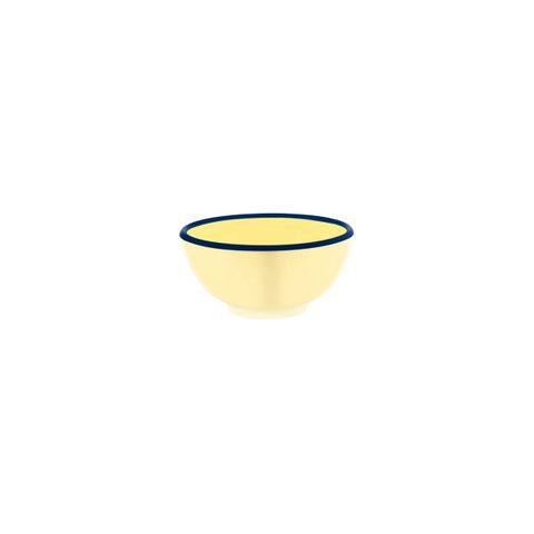 JAB VINTAGE YELLOW/BLUE RIM ENAMEL LOOK ROUND BOWL 125x60mm (*49925*) = PACK OF 6 X EACHES