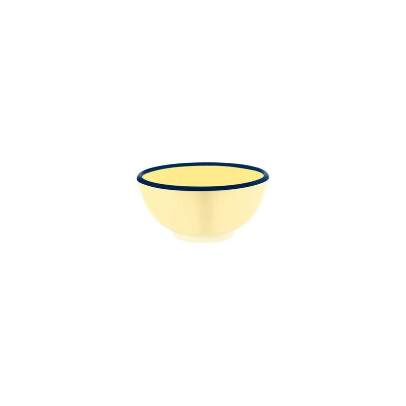 JAB VINTAGE YELLOW/BLUE RIM ENAMEL LOOK ROUND BOWL 125x60mm (*49925*) = PACK OF 6 X EACHES