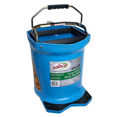 Sabco Professional Wide Mouth 16L Blue Plastic Mop Bucket with Steel Wringer - Each