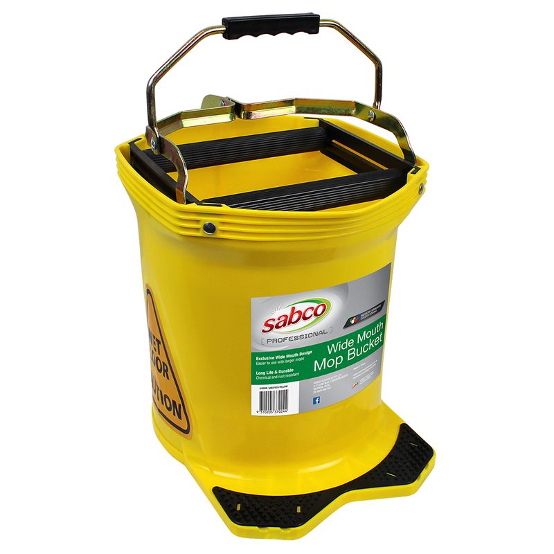 Sabco Professional Wide Mouth 16L Yellow Plastic Mop Bucket with Steel Wringer - Each
