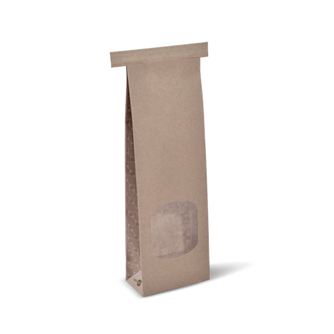 Small Brown Paper Tin Tie Paper Bags with Window 260mm(L) x 88mm(W) + 47mm(G) - Box of 500