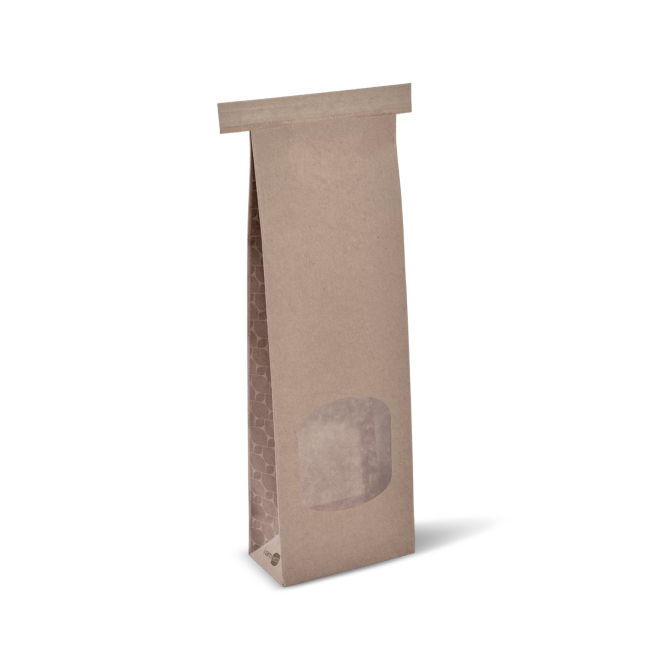 Small Brown Paper Tin Tie Paper Bags with Window 260mm(L) x 88mm(W) + 47mm(G) - Box of 500