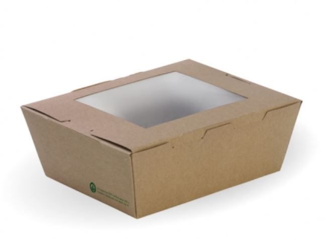 BioPak Cardboard Window Lunch Boxes Medium 152mm(L) x 120mm(W) x 64mm(H) - SLEEVE=50 / BOX=200