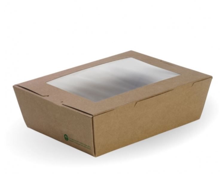 BioPak Cardboard Window Lunch Boxes Large 197mm(L) x 140mm(W) x 64mm(H) - SLEEVE=50 / BOX=200