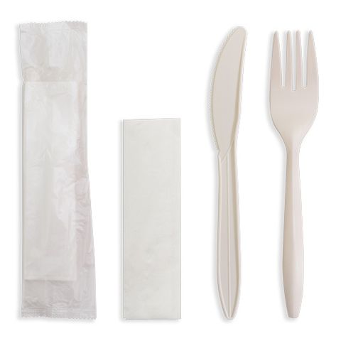 Future Friendly Premium 70% Bioplastic Knife / Fork / Napkin Set with PLA inner Bag - Box 250 **(Restricted Use Item - Qualifying Customers Only)