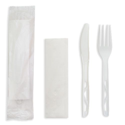 Future Friendly White Heavy 100% CPLA Cutlery Kit: Knife + Fork + Napkin (PLA Bag) - White - Box 250 **(Restricted Use Item - Qualifying Customers Only)