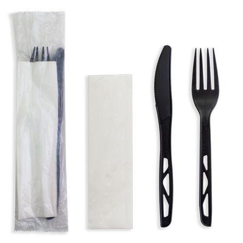 Future Friendly Black Heavy 100% CPLA Cutlery Kit: Knife + Fork + Napkin (PLA Bag) - Black - Box 250 **(Restricted Use Item - Qualifying Customers Only)