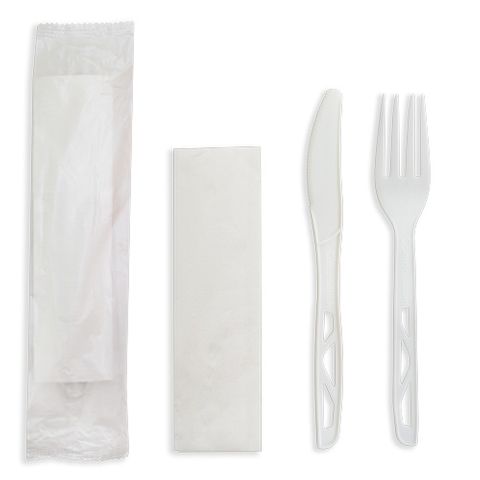 Future Friendly (White) Heavy 100% CPLA Cutlery Kit: Knife + Fork + Napkin +S&P (PLA Bag) - White - Box 250