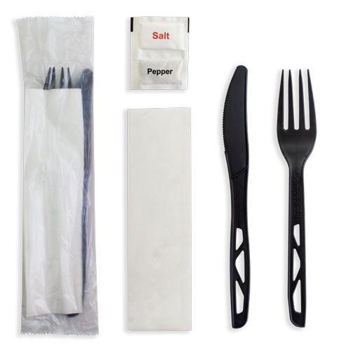 Future Friendly (Black) Heavy 100% CPLA Cutlery Kit: Knife + Fork + Napkin +S&P (PLA Bag) - Black - Box 250 **(Restricted Use Item - Qualifying Customers Only)