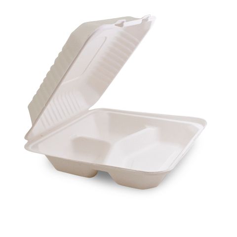 Sugarcane 9" x 9" Hinged Large 3 Compartment Dinner Sugarcane Clams - SLEEVE = 100 / BOX=200