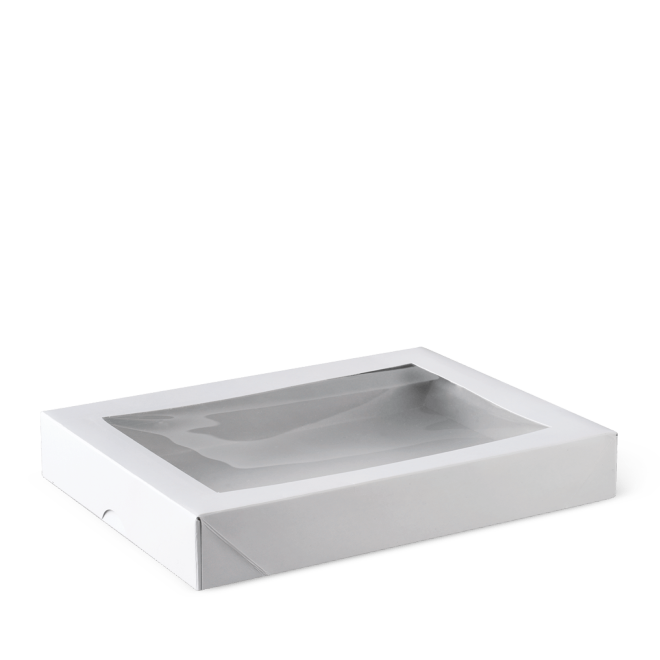 Detpak Flat Long Window Patisserie Box White 200mm(L) x 150mm(W) x 30mm(H) - Box of 200