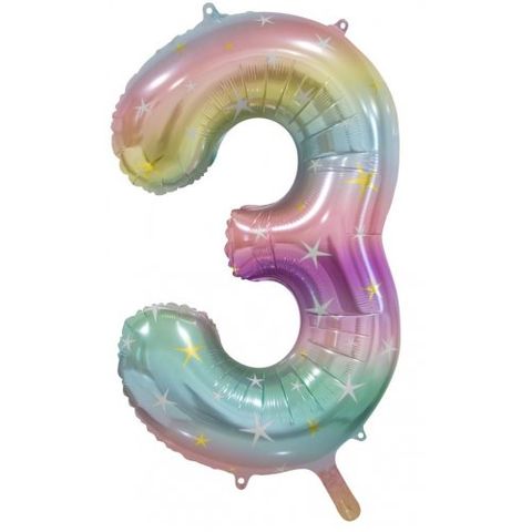 Decrotex 34" Pastel Rainbow Foil Balloon Numeral 3 - Retail Pack Each