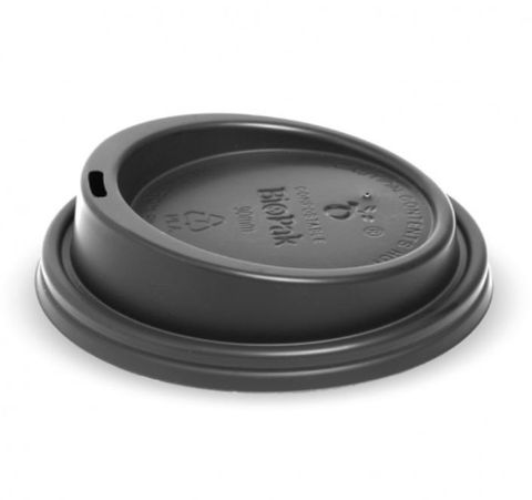 BioPak 8oz / 12oz / 16oz PLA Bio Degradable Cup Lids Black 90mm Diameter - Box of 1,000