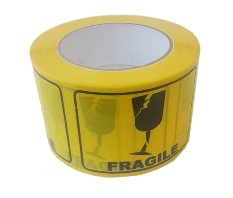 Printed Rip-A-Labels "Fragile" 72mm X 100mm Black on Yellow - Roll of 500