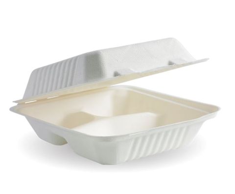 Biopak 7.8" x 8" x 3" Hinged Small 3 Compartment Dinner Sugarcane Container - Box of 200