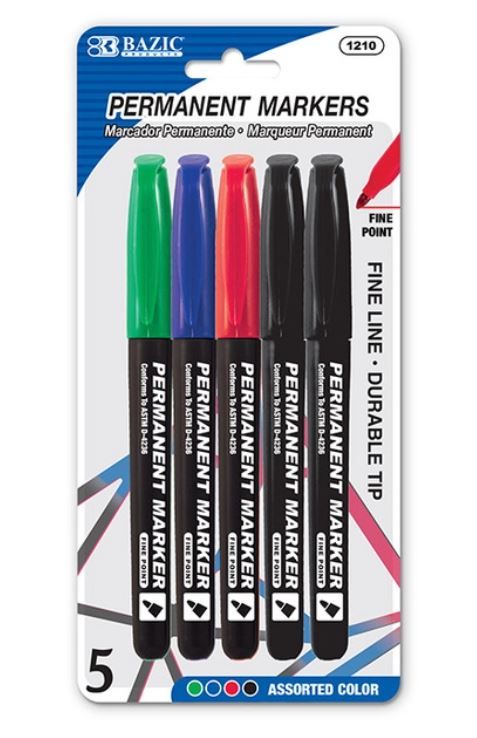 Permanent Markers Fine Tip 2 x Black, 1 Red, 1 Blue, 1 Green - Pack of 5
