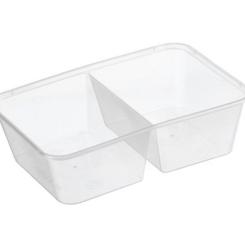 Large Rectangle Clear Premium Takeaway Containers 2 Compartment 650ml Microwave Grade (G650/2COM) - SLEEVE=50 / BOX=500