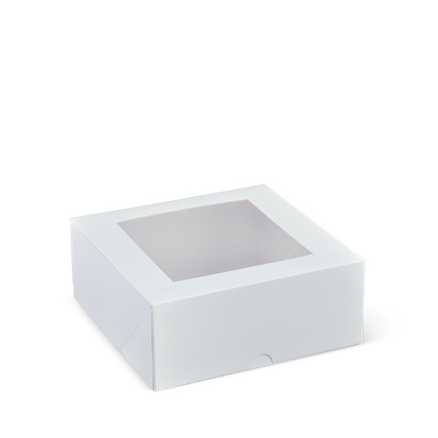 Detpak Flat Long Window Patisserie Box Square White 180mm(L) x 180mm(W) x 75mm(H) - Box of 200