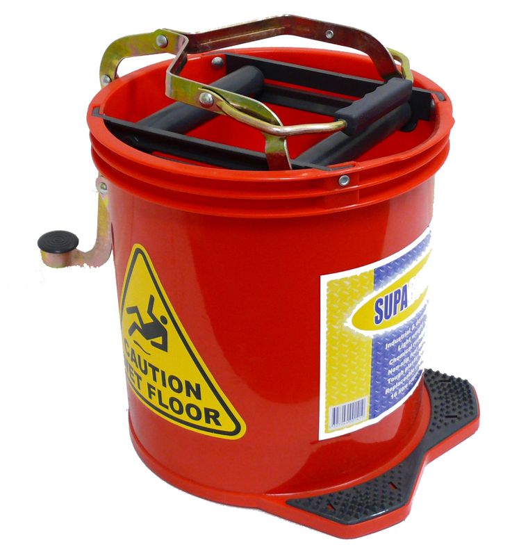 Heavy Duty 16L Red Plastic Mop Bucket with Steel Wringer - Each