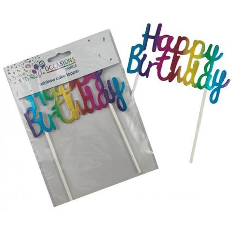 Cake Topper Happy Birthday Metallic Rainbow - Retail Pack Each