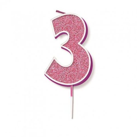 Candle Glitter Pink Numeral 3 - Retail Pack Each