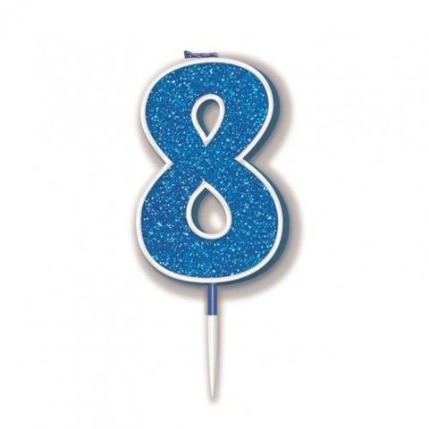 Candle Glitter Blue Numeral 8 - Retail Pack Each
