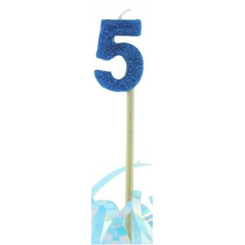 Candle Blue Glitter Long Stick Numeral 5 - Retail Pack Each