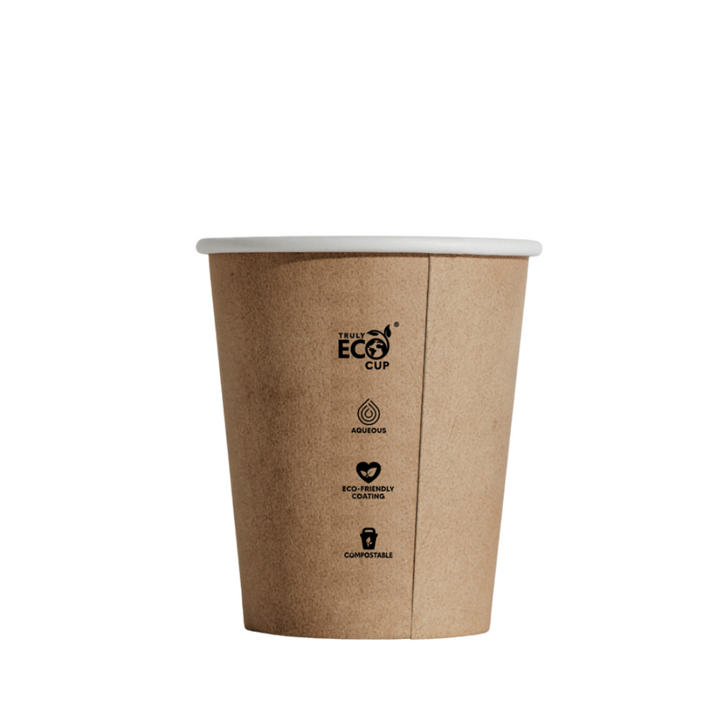 Truly Eco 6oz / 180ml SLIM KRAFT Single Wall Slim Coffee Cups 80mm Diameter, Home Compostable, Aqueous Coated - Box of 1,000