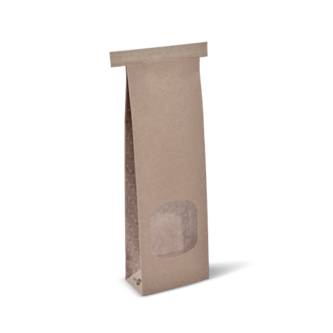 Small Brown Paper Polylined Compostable Paper Tin Tie Paper Bags with Window 260mm(L) x 88mm(W) + 47mm(G) - Box of 500