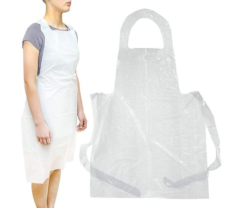 Disposable White Plastic Kitchen Aprons One Size Fits All - PACK=100 / BOX=500